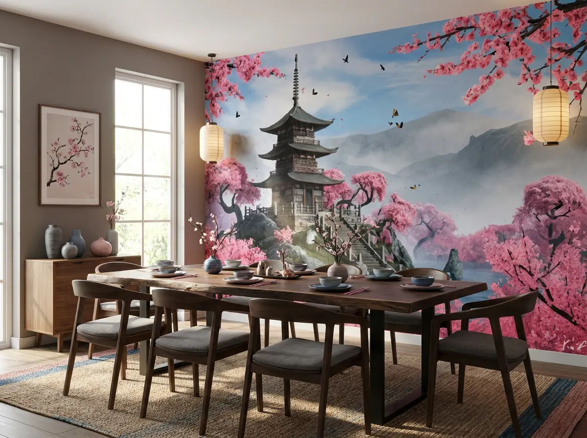 Japans behang roze blauw achter eettafel in eetkamer