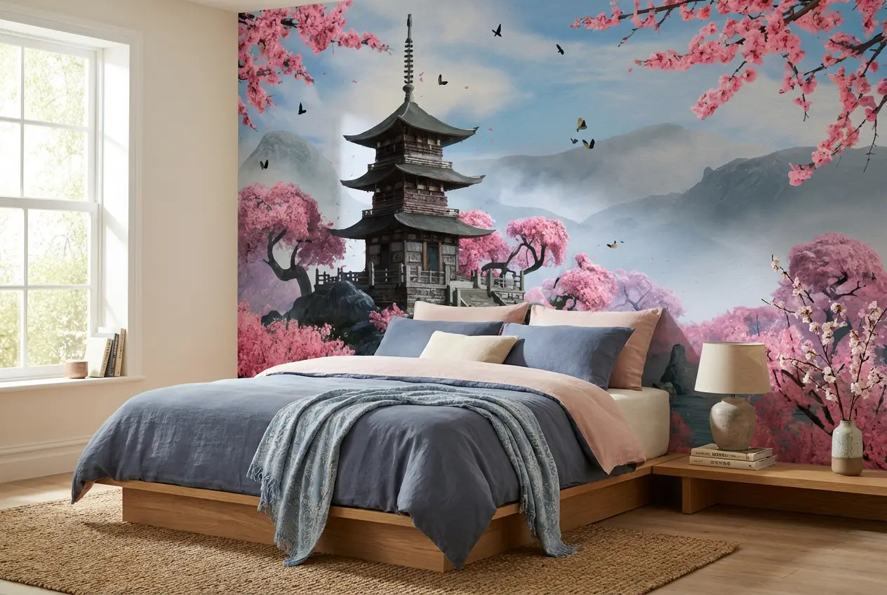 Japans behang roze blauw achter bed in slaapkamer