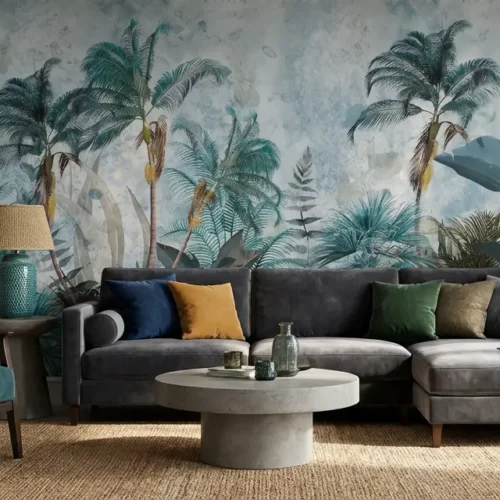 jungle behang blauwgroen achter hoekbank en planten in woonkamer