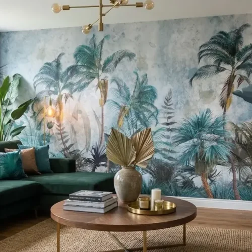 jungle behang blauwgroen achter groene bank en fauteuils in woonkamer