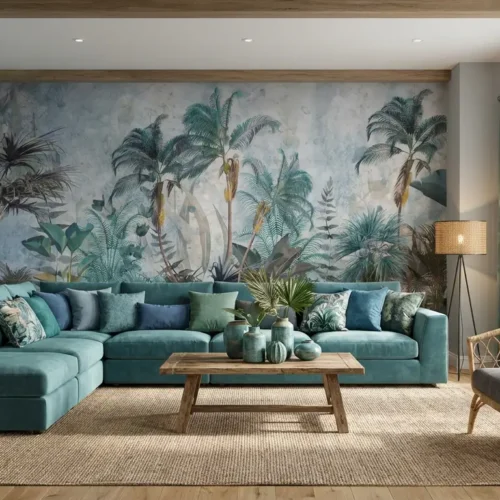 jungle behang blauwgroen achter turquoise hoekbank in woonkamer