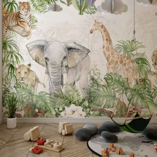 jungle behang dieren aquarel achter hangstoel in kinderkamer