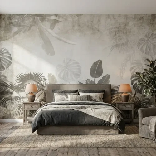 jungle behang grijs achter bed in stijlvolle slaapkamer