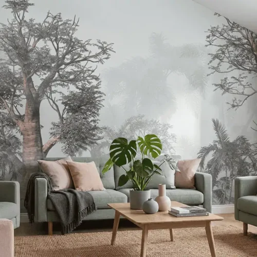 jungle behang grijs achter banken en salontafel in woonkamer