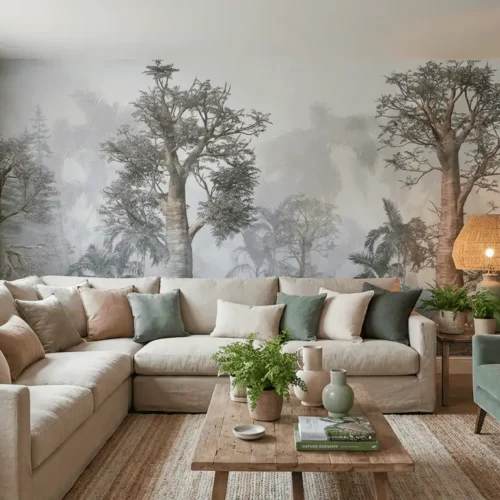 jungle behang grijs achter grote hoekbank en salontafel in woonkamer