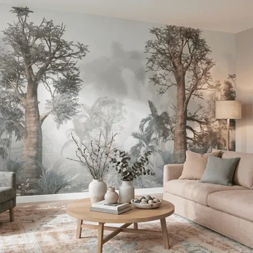 jungle behang grijs achter bank en fauteuils in woonkamer