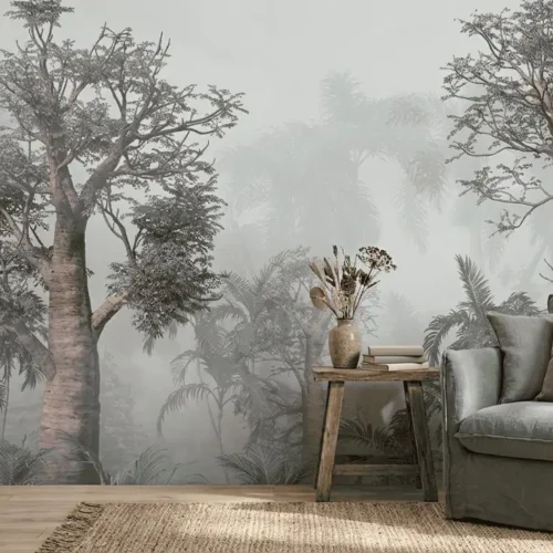 jungle behang grijs achter fauteuil en bijzettafel in woonkamer