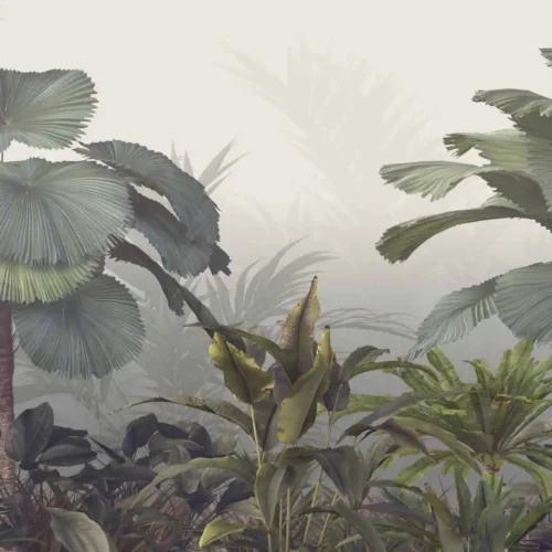 jungle behang groen met mistige palmen en grote bladeren