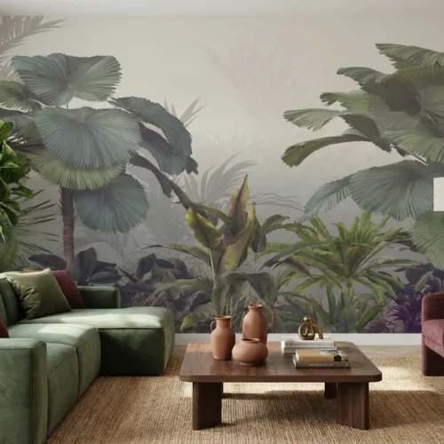 jungle behang groen achter bank in lichte woonkamer