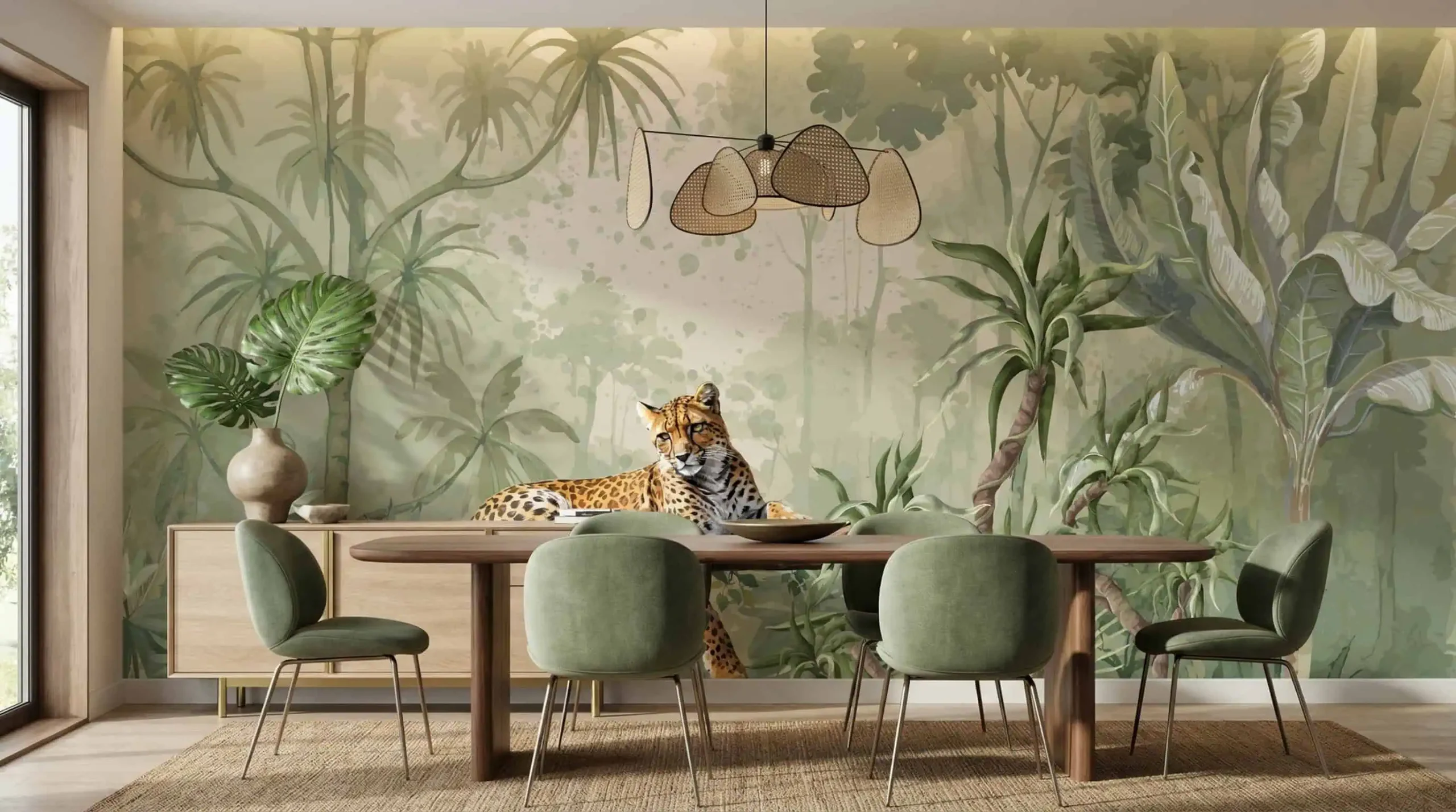 jungle behang luipaard achter eettafel in moderne eetkamer