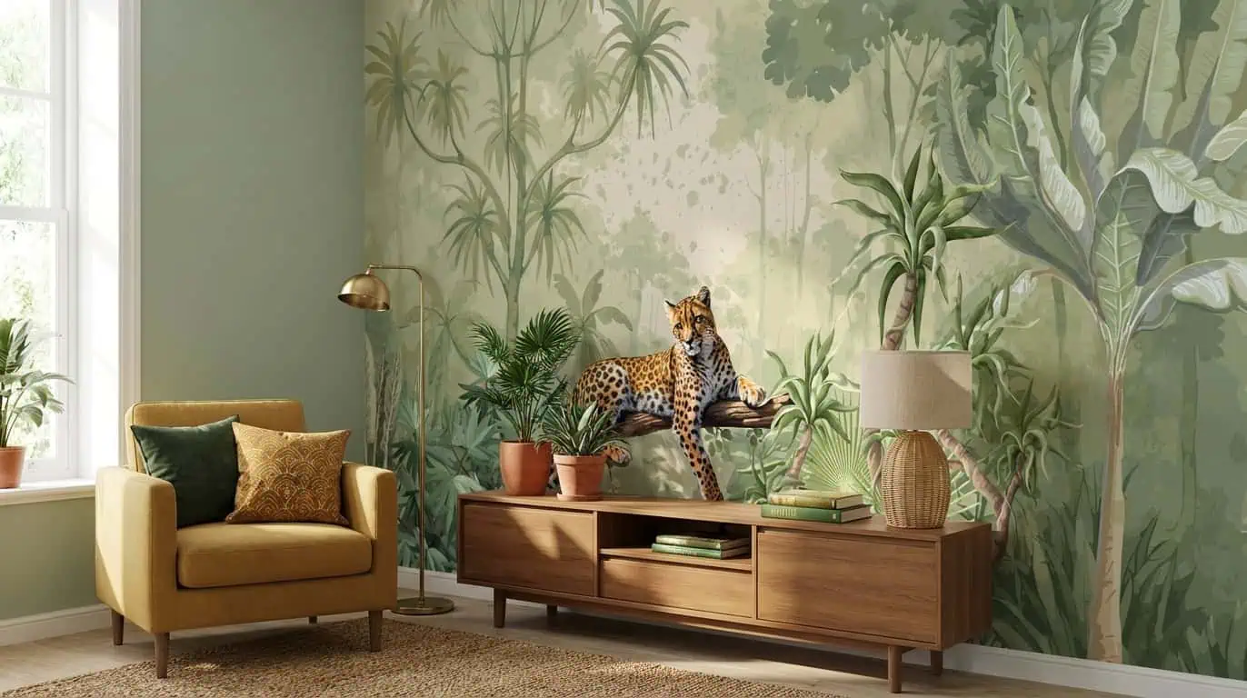 jungle behang luipaard achter gele fauteuil in woonkamer