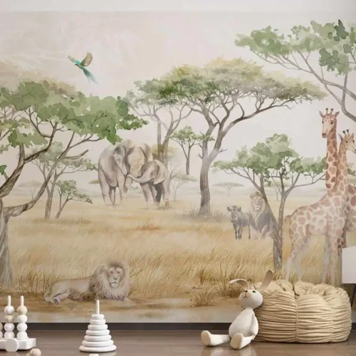 jungle behang savanne dieren achter wit kastje en poef in kinderkamer