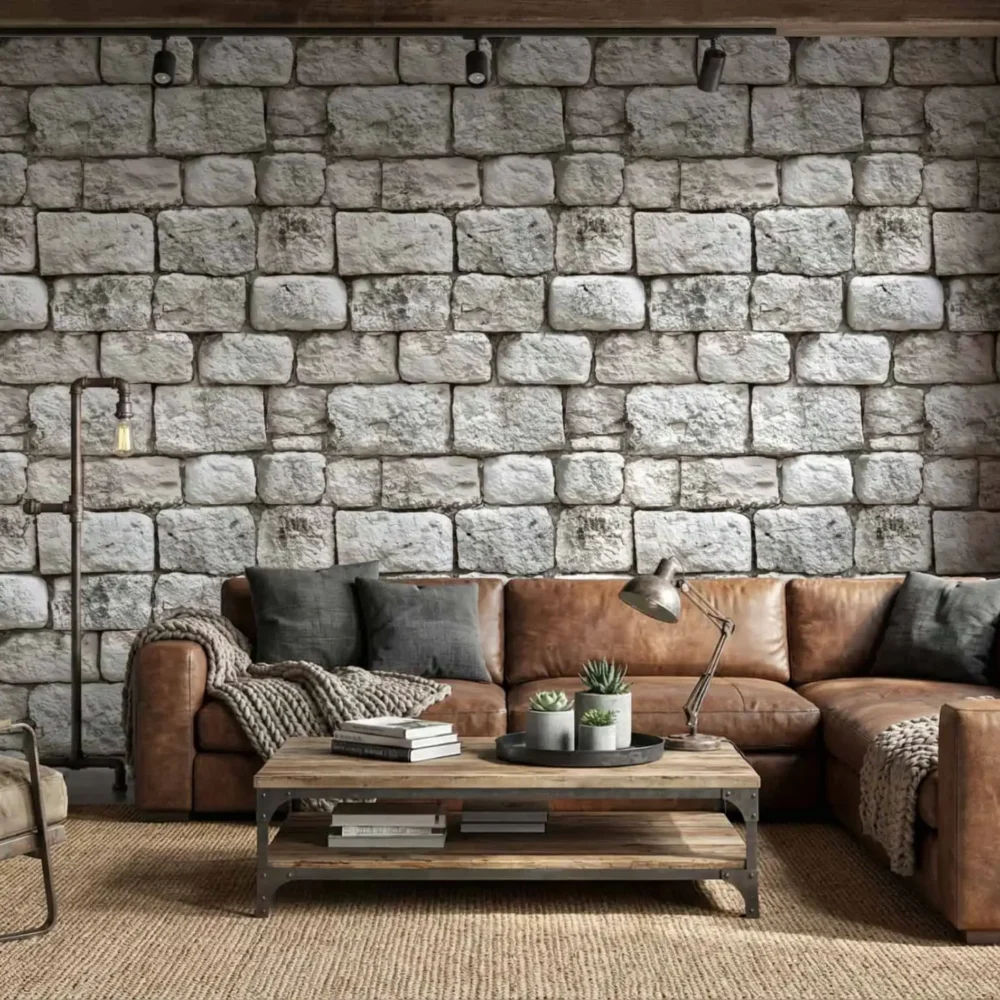 rustiek kalksteen blokken behang achter leren bank in industriële woonkamer
