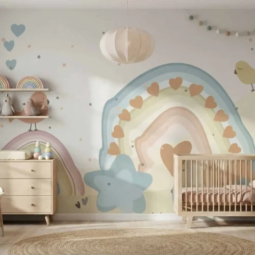 pastel regenboog kinderkamer behang met vogeltjes en hartjes in de kinderkamer