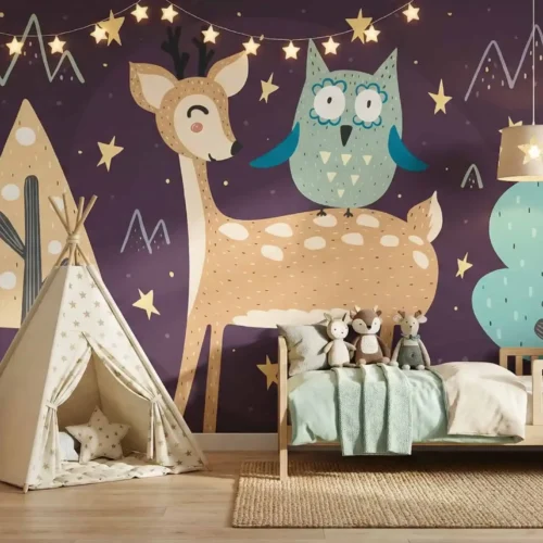 fotobehang bosdieren kinderkamer met hertje en uil in de kinderkamer