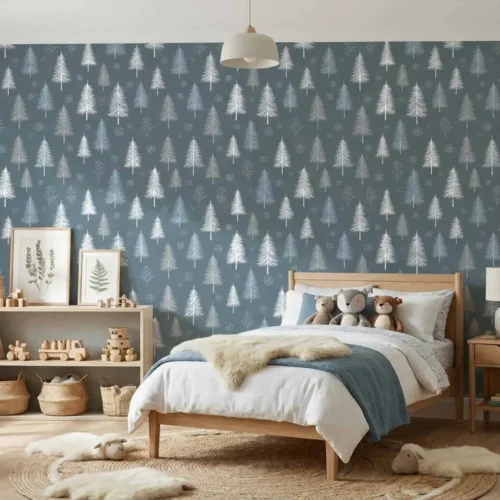 blauw winterbos dennen behang in de kinderkamer