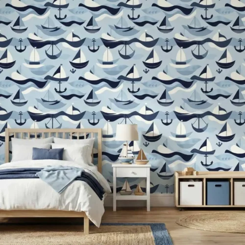 blauw zeilboot kinderkamer behang met golven in de kinderkamer