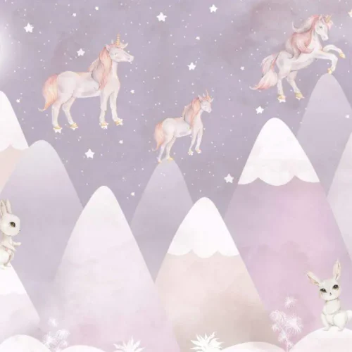 kinderkamer behang eenhoorns paars met dromerige bergen, maan en sterren