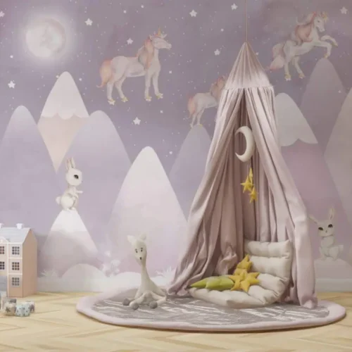 kinderkamer behang eenhoorns paars achter speelmat en tipi in kinderkamer