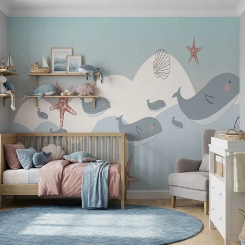 kinderkamer behang walvissen pastelblauw achter kinderbed en commode in babykamer