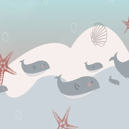 kinderkamer behang walvissen pastelblauw met zachte golven en zeesterren