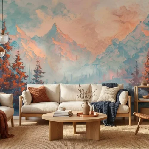 fotobehang artistiek berglandschap in blauw en perzik in de woonkamer