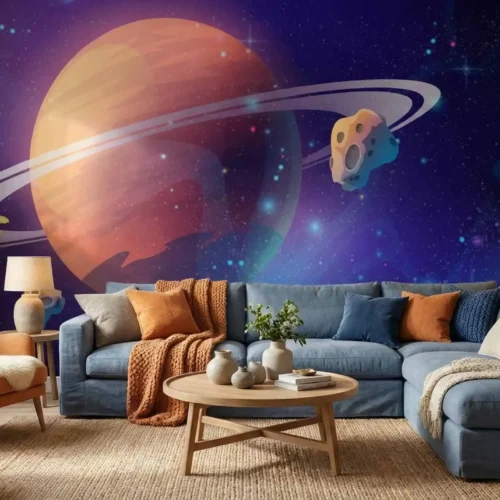 diepblauw ruimte planeten fotobehang in de woonkamer