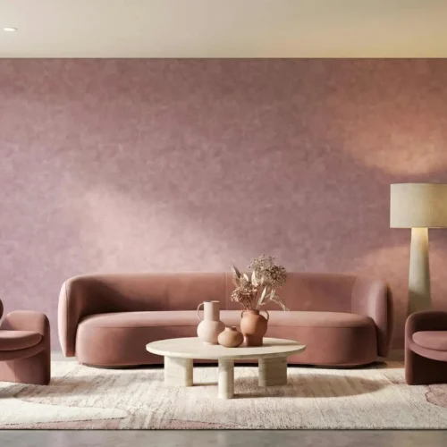roze betonlook behang met zachte poederstructuur in de woonkamer