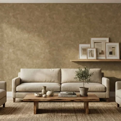 warm zandkleur betonlook behang met aardse textuur in de woonkamer