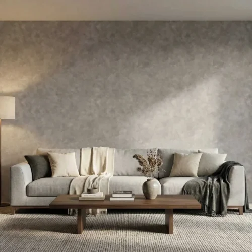 grijs betonlook behang met industriële structuur in de woonkamer