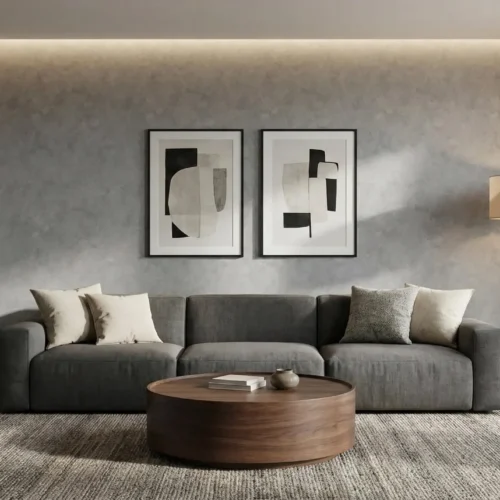 zacht grijs wolk betonlook behang in de woonkamer