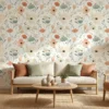 pastel botanisch bloemen behang met zachte groentinten in de woonkamer