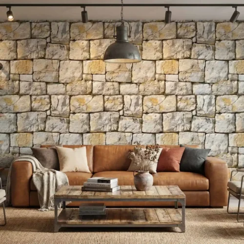 kalksteen blokken behang met lichte industriële uitstraling in de woonkamer