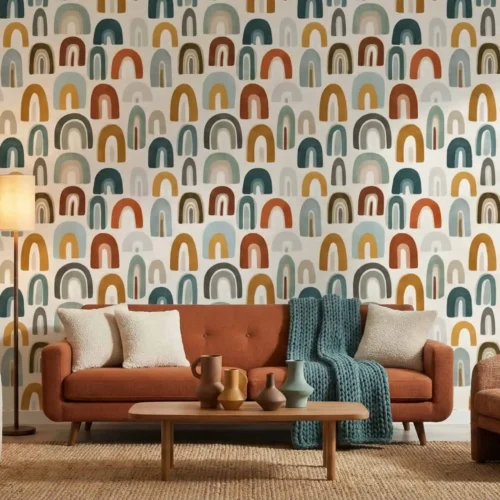 abstract regenboog behang achter bank in moderne woonkamer