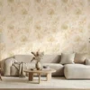 elegant bloemen behang in beige met gouden lijnen in de woonkamer