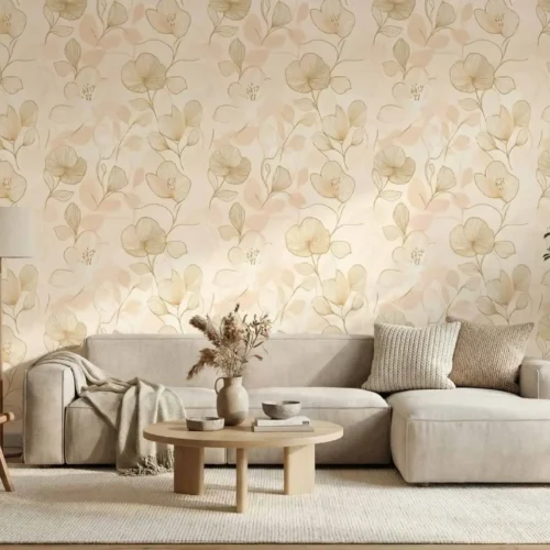 elegant bloemen behang in beige met gouden lijnen in de woonkamer