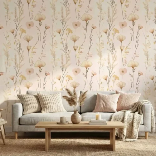 bloemen behang met zachte beige en gouden accenten in de woonkamer