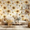 vintage zonnebloemen behang in warme geel en beige tinten in de woonkamer