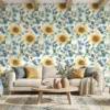 zonnebloemen behang met blauwgroene bladeren in de woonkamer