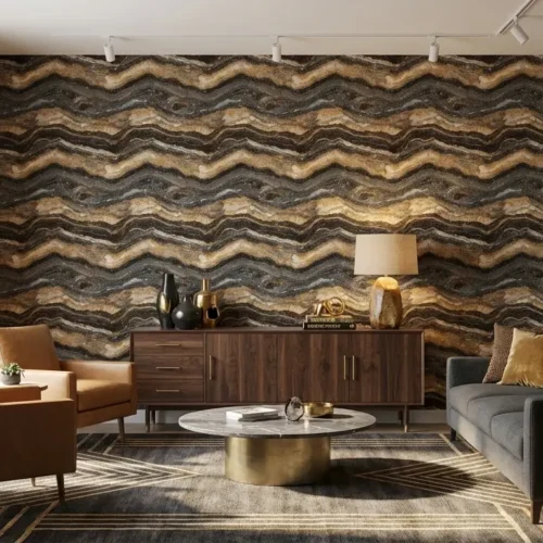 zwart goud marmerlook behang achter bank in stijlvolle woonkamer