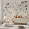 beige wereldkaart dieren kinderkamer behang in het interieur