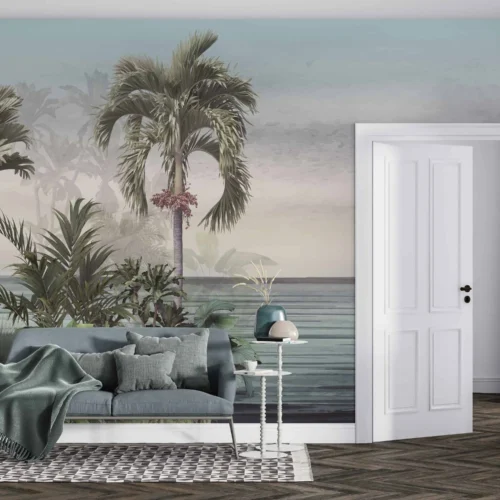 tropisch palmenstrand fotobehang achter bank in moderne woonkamer