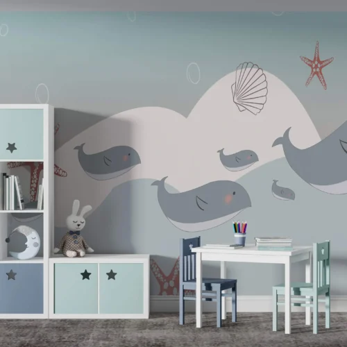 kinderkamer behang walvissen pastelblauw achter speeltafel in kinderkamer