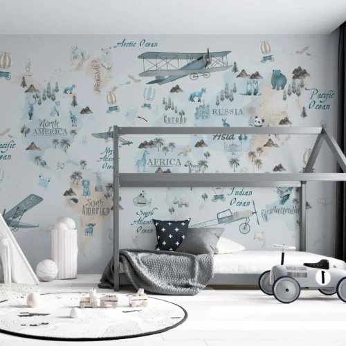 blauw wereldkaart dieren avontuur kinderkamer behang in het interieur