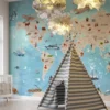 blauw wereldkaart dieren kinderkamer fotobehang in het interieur
