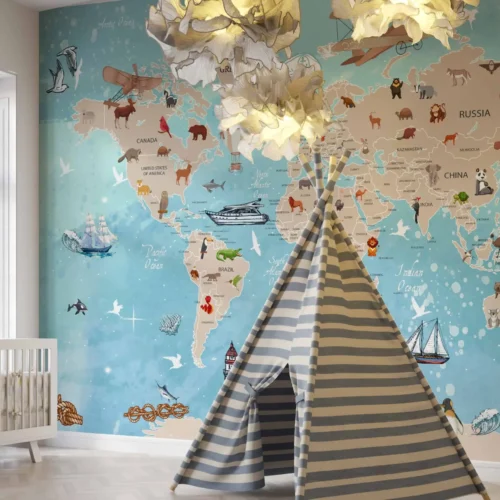 blauw wereldkaart dieren kinderkamer fotobehang in het interieur