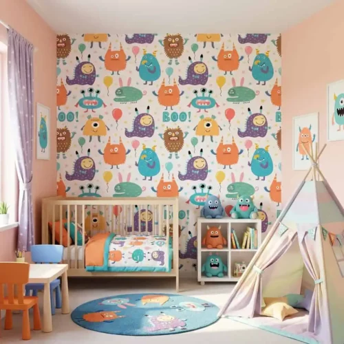 monsters behang pastelkleuren achter ledikant en tipi tent in babykamer