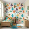 monsters behang pastelkleuren achter houten bed en boekenkast in kinderkamer
