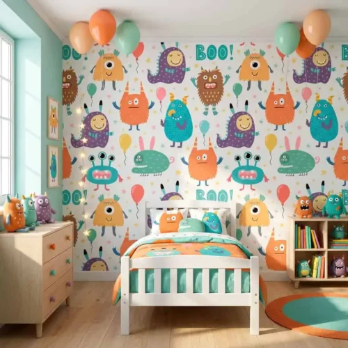 monsters behang pastelkleuren achter wit bed en commode in lichte kinderkamer