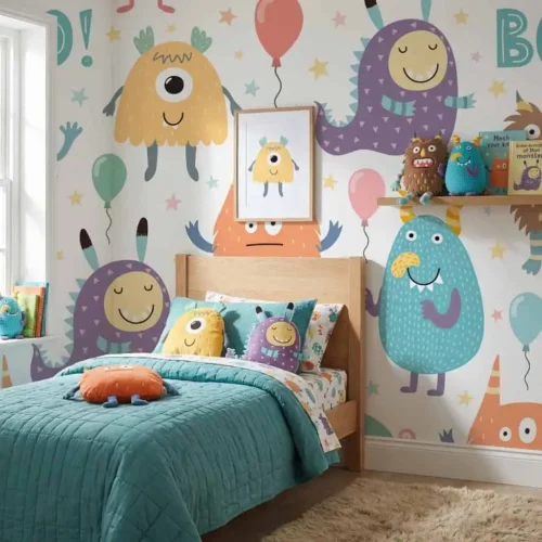 monsters behang pastelkleuren achter bed en wandplank in knusse kinderkamer